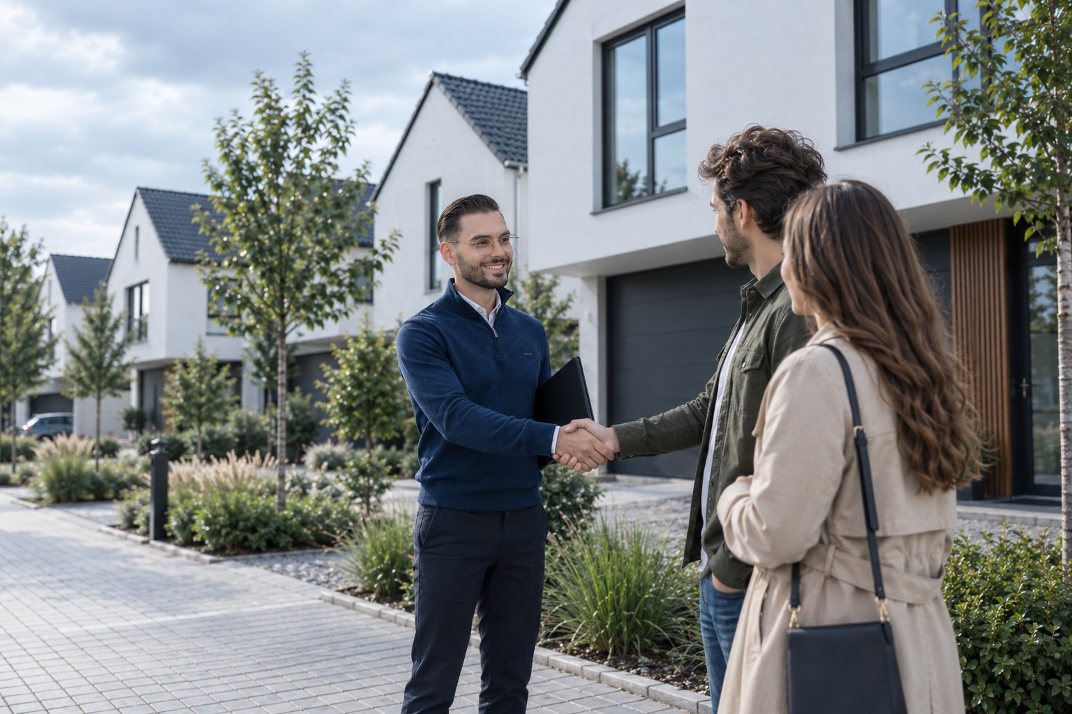 Immobilienmakler und Paar besiegeln mit Handschlag den Immobilienkauf vor einem modernen Neubau